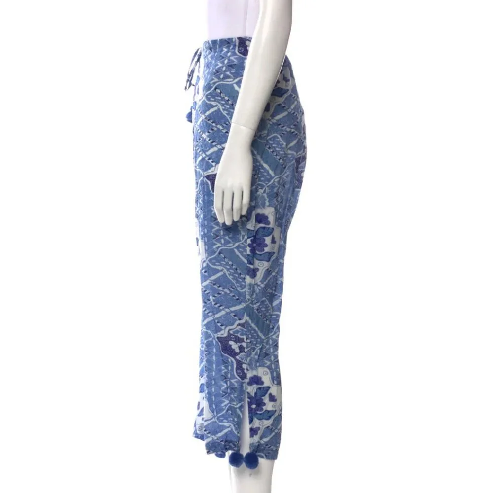 Figue Goa Drawstring Blue Wide Leg Pants Size L‎ Cropped High Rise Pompoms Trim